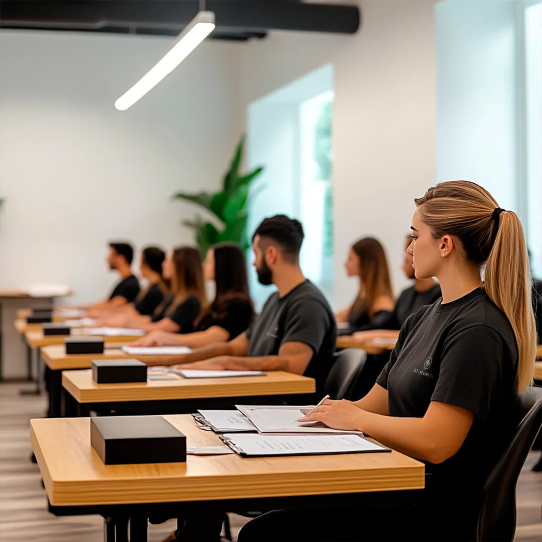 Massage therapy students taking notes at their desks in a St. Moritz classroom