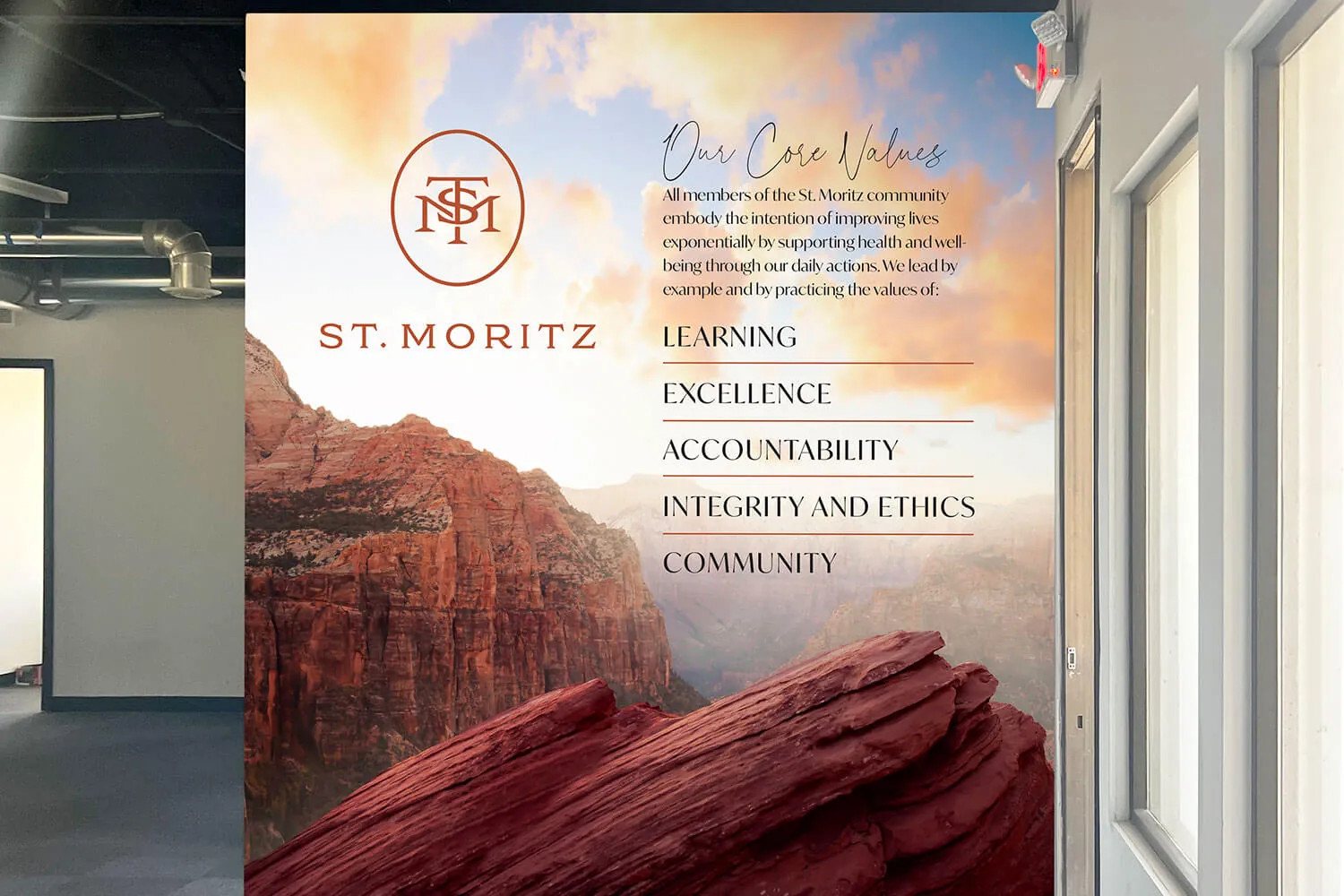 The St. Moritz core values mural: learning, excellence, accountability, integrity and ethics, community