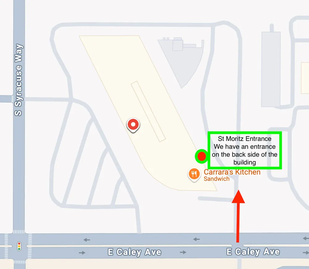 Map of Carrara Place showing the St. Moritz entrance on the back side of the building, reached from East Caley Avenue
